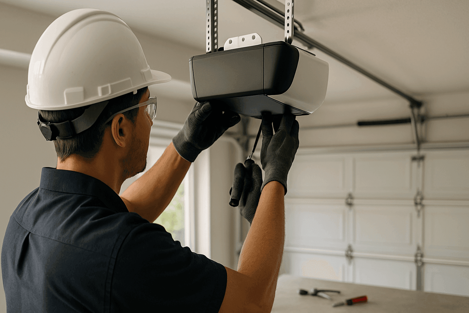Technician installing modern garage door opener in residential garage