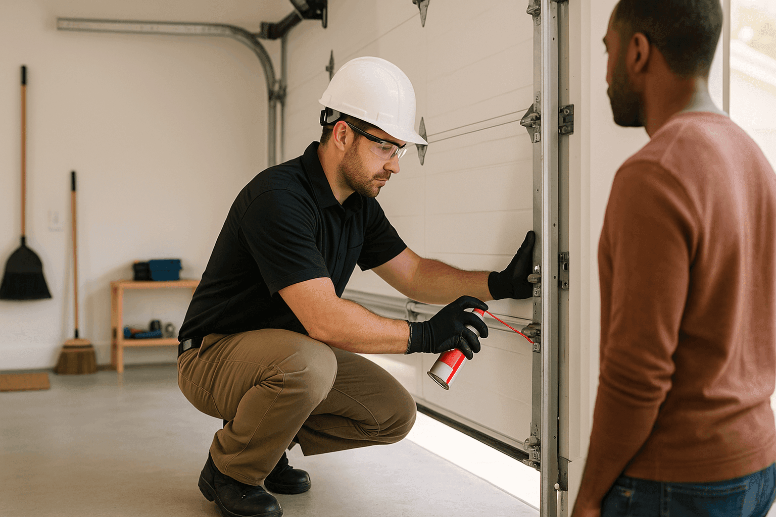 Technician performing garage door maintenance with homeowner observing