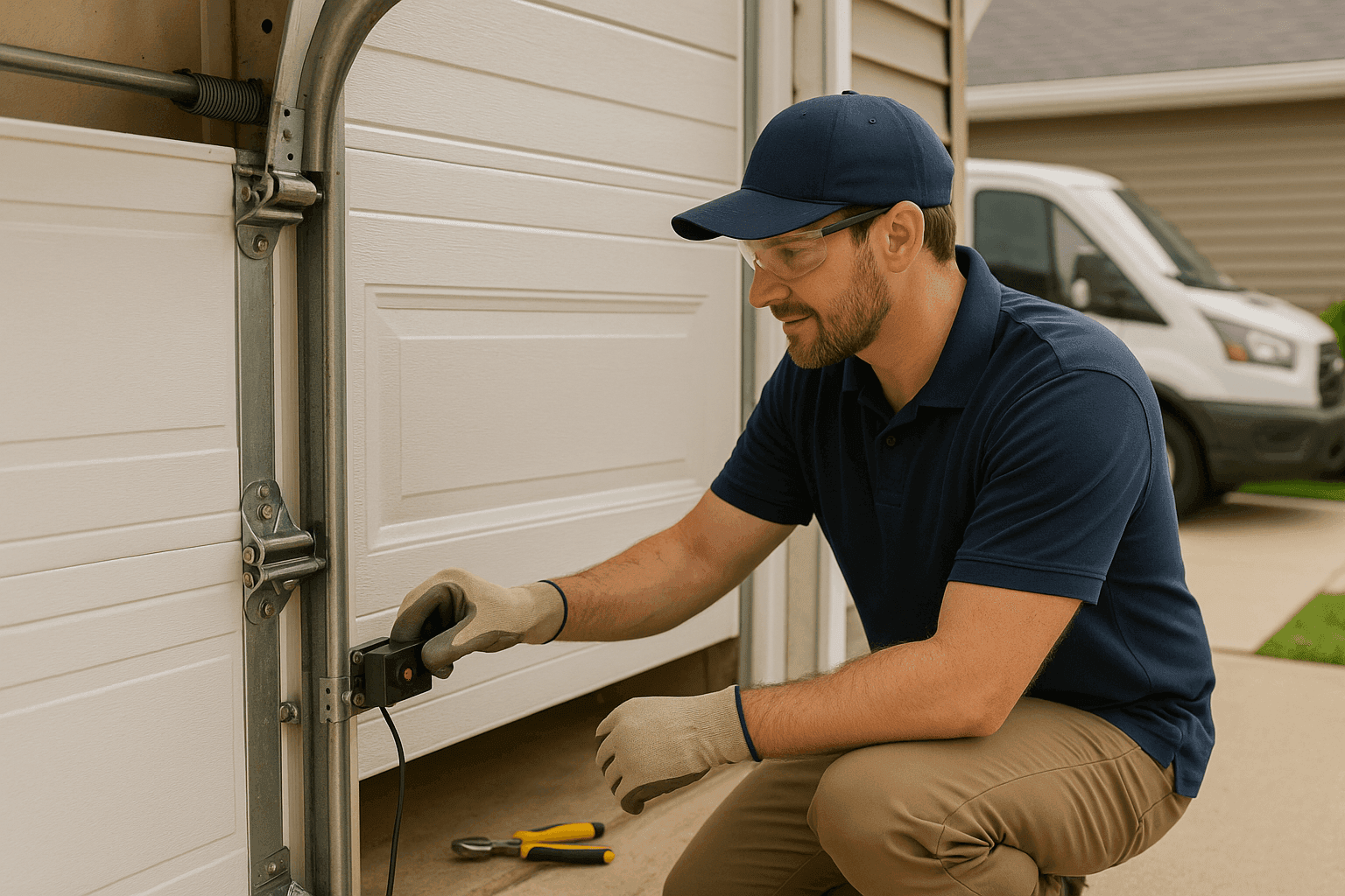 Technician installing safety sensors on a residential garage door